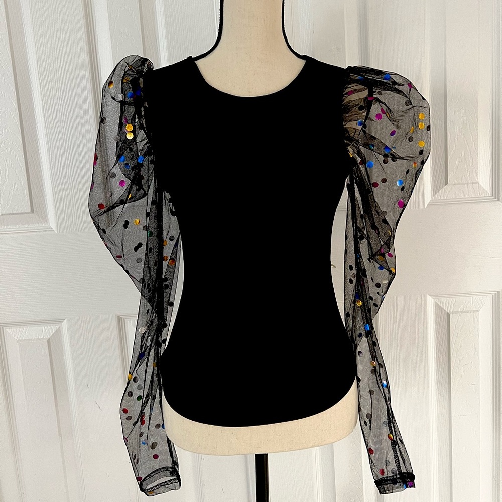 Rainbow Metallic Polka Dot Puff Sleeve Party Shirt
